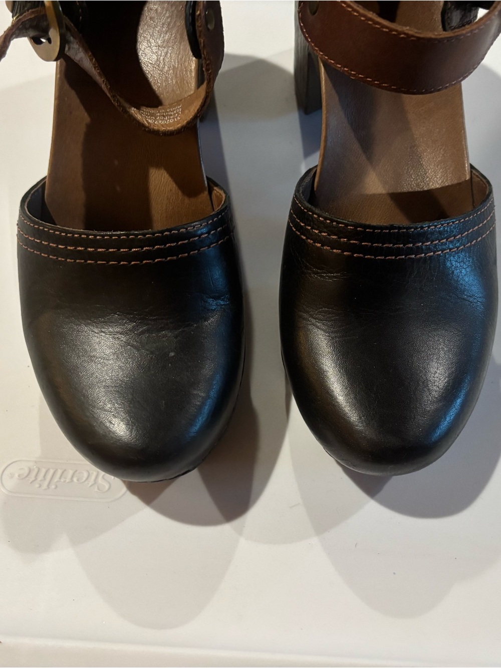 Dansko Black Leather Mary Jane Clogs with Brown Strap